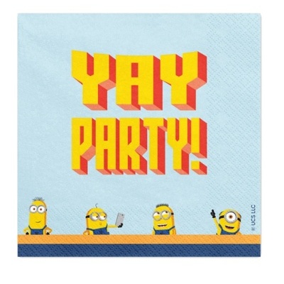 Guardanapo de papel azul com texto amarelo e personagens Minions na base