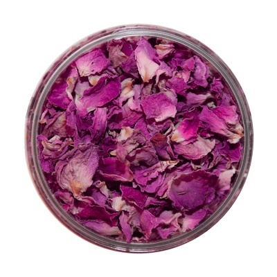 Frasco com pétalas secas de rosa, cor rosa-púrpura