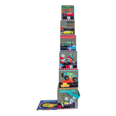 Conjunto de caixas empilhadas com design de carros de corrida e textos como FINISH e START