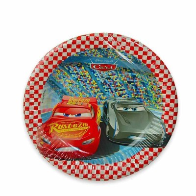 Prato descartável redondo com estampa Disney Pixar Cars e borda xadrez vermelho e branco