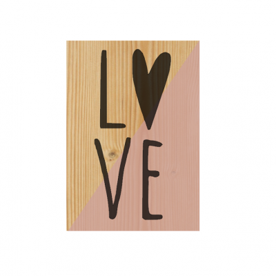 Placa decorativa de madeira com texto LOVE e coração