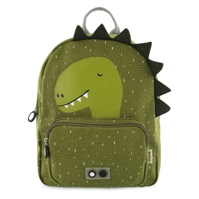 Mochila infantil verde com estampa de dinossauro e espinhos pretos