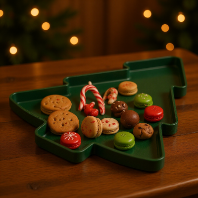 Tabuleiro verde em forma de árvore com biscoitos, macarons e doces decorativos sobre mesa de madeira