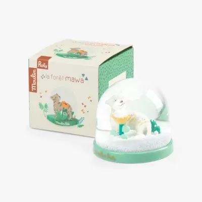 Globo de neve com animal branco e cogumelo amarelo com embalagem Moulin Roty.