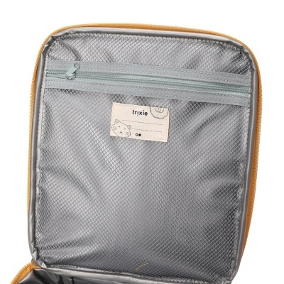 Interior de estojo cinzento com bolso de rede e etiqueta trixie