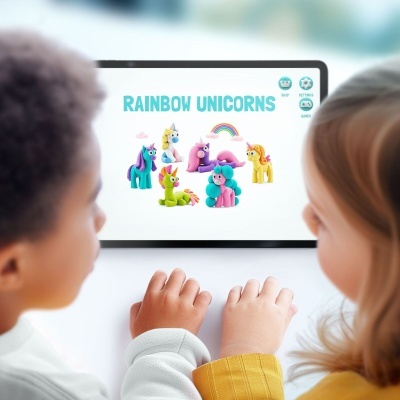 Tablet com figuras de unicórnios coloridos e texto RAINBOW UNICORNS com dois miúdos a olhar