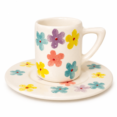 Conjunto de chávena e prato em cerâmica com padrão floral colorido