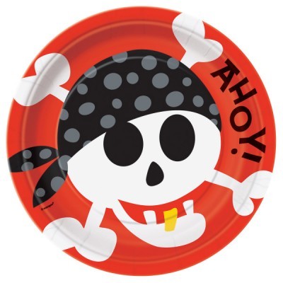 Prato descartável vermelho com caveira e texto AHOY!