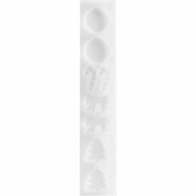 Molde de silicone branco com cavidades de enfeites natalícios.
