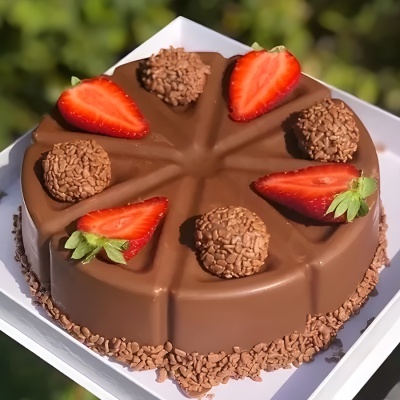 Bolo de chocolate com Brigadeiros e Morangos cortados