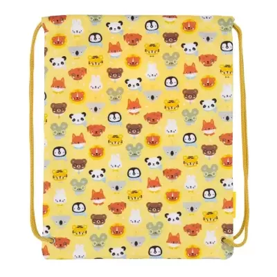 Mochila saco amarela com padrão de rostos de animais coloridos