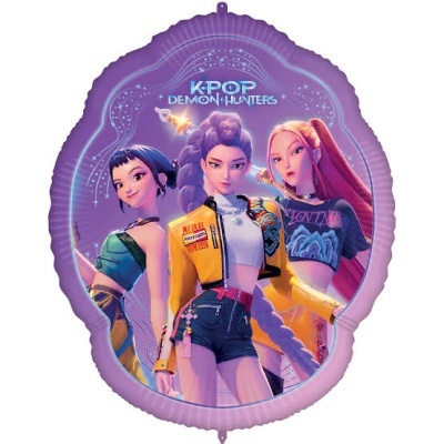 Balão roxo com personagens animadas e texto K-POP DEMON HUNTERS