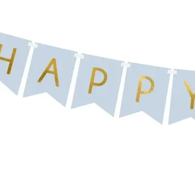 Friso decorativo azul claro com letras douradas a dizer HAPPY