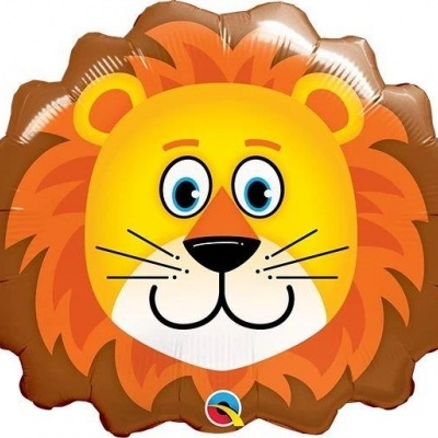 Balão em forma de cabeça de leão com cores amarelo, laranja e castanho