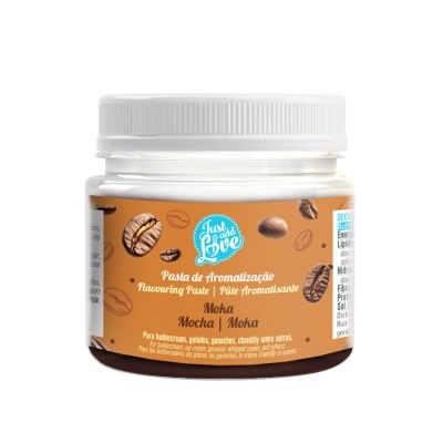 Frasco de pasta de aromatização sabor Moka da Just add Love com rótulo castanho e grãos de café