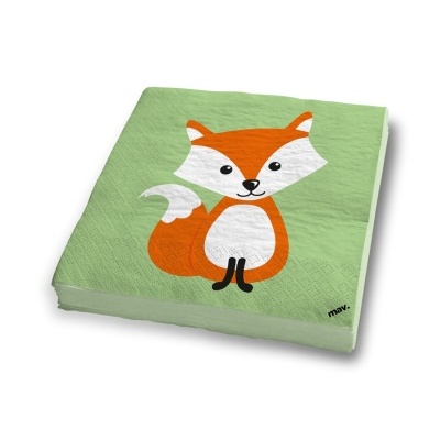 Guardanapos de papel verdes com desenho de raposa laranja e branca