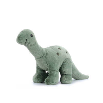 Pelúcia de dinossauro verde com manchas escuras nas costas