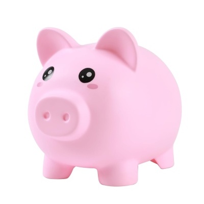 Cofre porquinho rosa com olhos grandes em fundo branco
