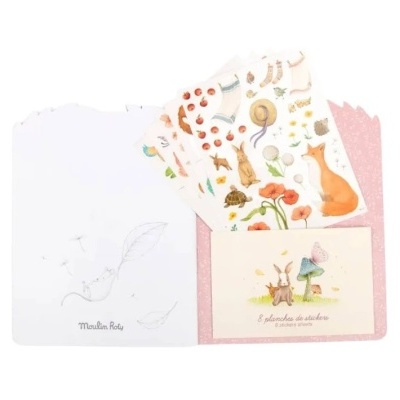 Conjunto de autocolantes ilustrados com animais e flores em embalagem rosa