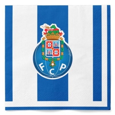 Guardanapo de papel azul e branco com emblema do FCP