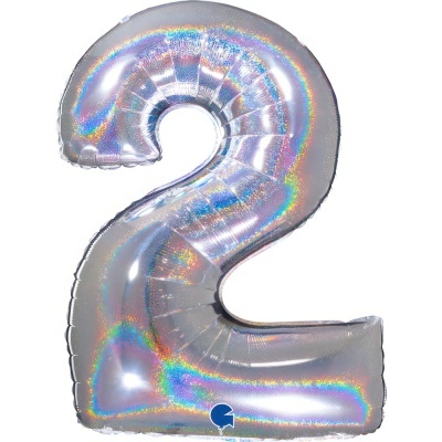 Balão holográfico prateado na forma do número 2