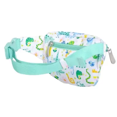 Pochete branca com padrão colorido de animais e alça verde-água