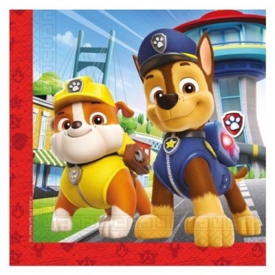 Dois cães animados da PAW Patrol em roupa amarela e azul com paisagem urbana ao fundo