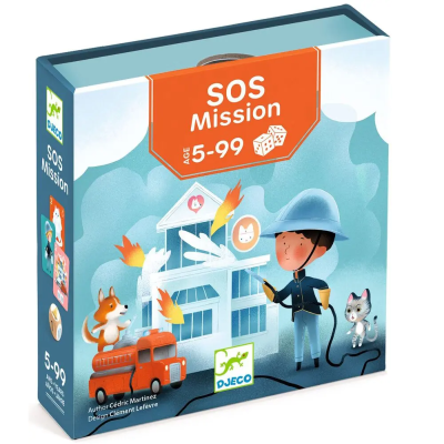 Caixa de jogo SOS Mission com ilustração de bombeiro a apagar fogo numa casa, cão, gato e carro de bombeiros