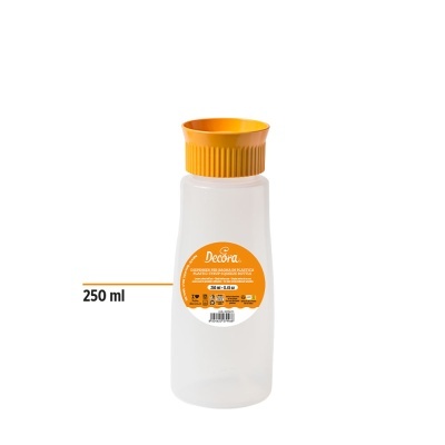 Frasco plástico translúcido com tampa laranja, capacidade 250 ml, etiqueta da marca Decora