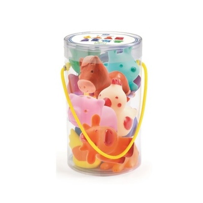 Recipiente plástico transparente com figuras de animais coloridos