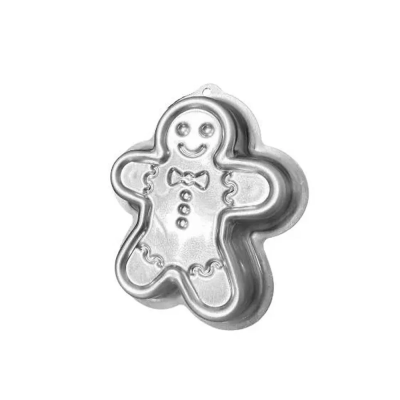 Forma de bolo em alumínio em forma de boneco de gengibre com detalhes gravados.