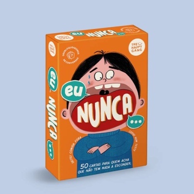 Caixa de jogo de cartas Eu Nunca com desenho de personagem, fundo laranja e textos coloridos