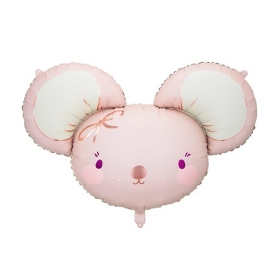 Balão metálico rosa com rosto de rato e detalhes florais