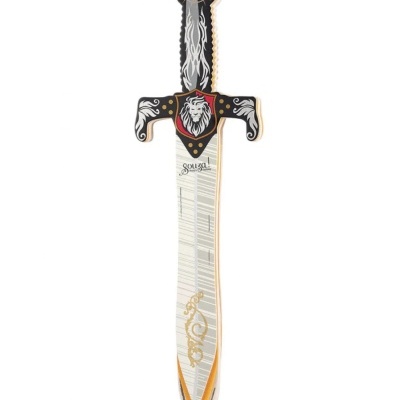 Espada de brinquedo colorida com desenho de leão e texto 'squeg!'