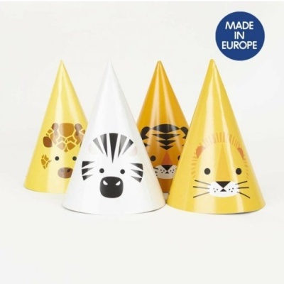 Quatro chapéus de aniversário cónicos com estampas de animais