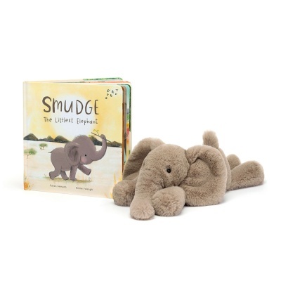 Livro infantil 'Smudge The Littlest Elephant' com peluche de elefante cinzento claro