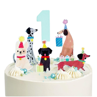 Bolo branco com decoração de cães de papel e o número 1