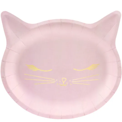 Prato descartável rosa em forma de cabeça de gato com detalhes dourados.