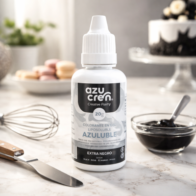 Frasco de corante em gel preto para pastelaria Azucen com utensílios de cozinha e sobremesas ao fundo