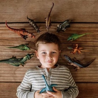 Menino deitado com dinossauros de plástico coloridos ao redor da cabeça