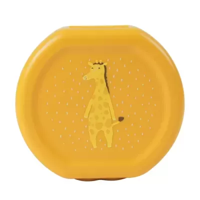 Estojo amarelo com desenho de girafa e gotas brancas