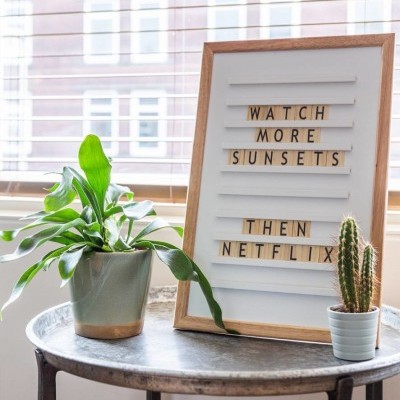 Moldura com frase em letras pretas ao lado de duas plantas em vasos, sobre mesa metálica redonda.