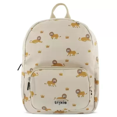 Mochila bege com padrão de leões e bolso frontal com etiqueta trixie