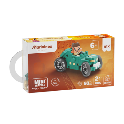 Embalagem de conjunto de construção Marioinex Mini Waffle Old Timer com carro verde e figura de menino