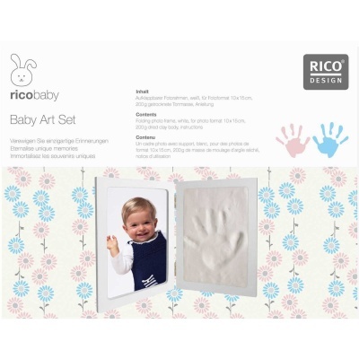Baby Art Set com moldura para foto, molde de mão em gesso e texto da embalagem Rico Design