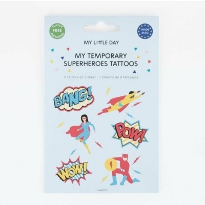 Pacote de tatuagens temporárias com desenhos de super-heróis e palavras coloridas