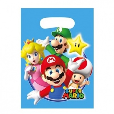 Saco plástico azul com personagens do jogo Super Mario estampados