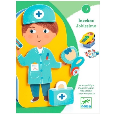 Jogo magnético Inzebox Jobissimo com figura de médico e mala médica em fundo amarelo e verde