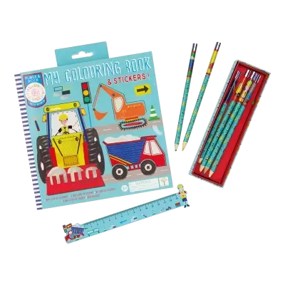 Livro de colorir azul com autocolantes, lápis de cor azuis e régua azul com tema de construção