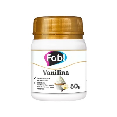 Frasco de Vanilina da marca Fab! com tampa dourada e etiqueta branca
